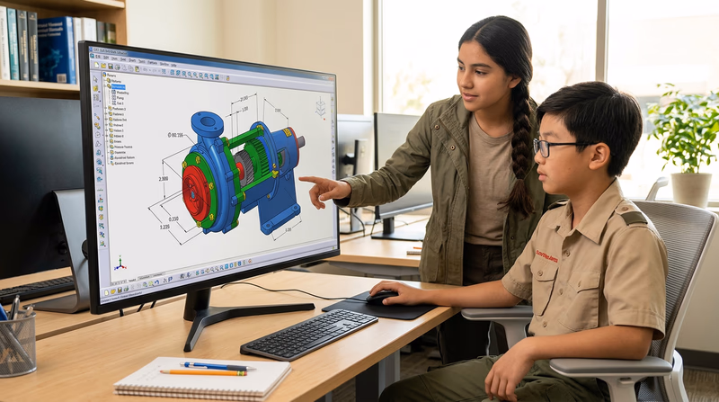 A computer screen displaying a 3D CAD model of a mechanical part with dimensions and section views visible
