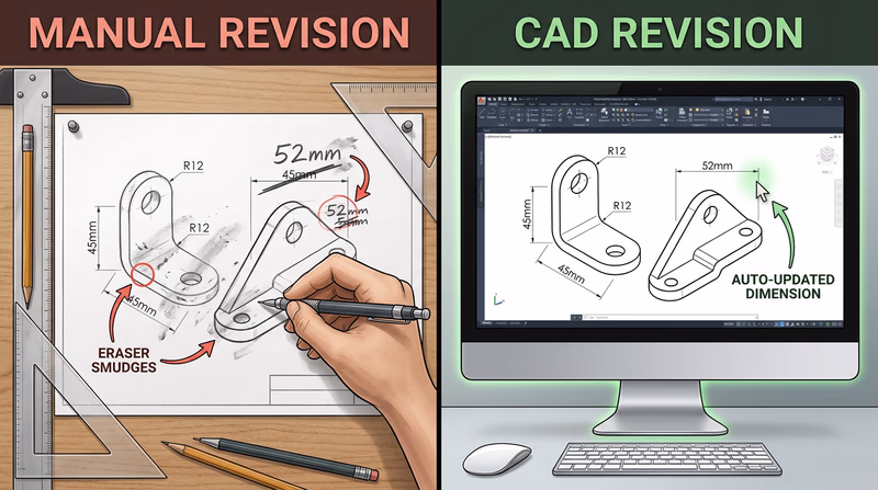 Split comparison showing a messy manual revision with eraser smudges versus a clean CAD revision with automatic dimension updates