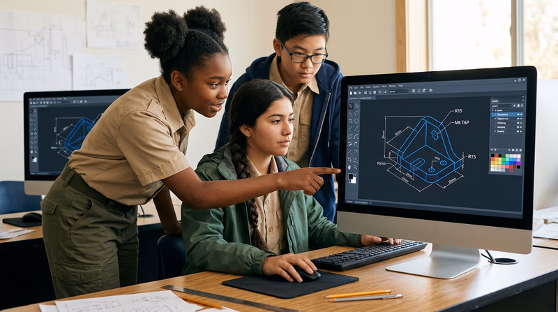 A computer screen showing a CAD software workspace with a mechanical part drawing including dimension lines, a toolbar on the left, and a layer panel on the right
