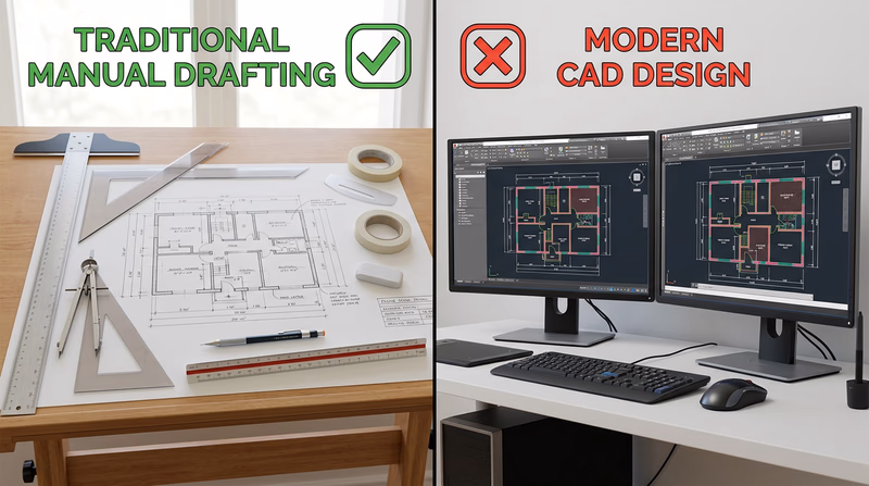 Split comparison of traditional manual drafting tools on a drawing board versus a modern CAD workstation with the same drawing displayed digitally