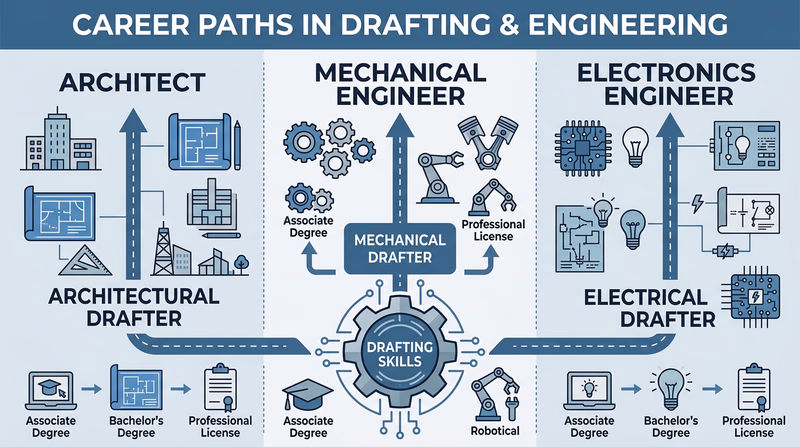 An infographic showing three career paths branching from a central drafting skills hub to architectural, mechanical, and electrical engineering careers