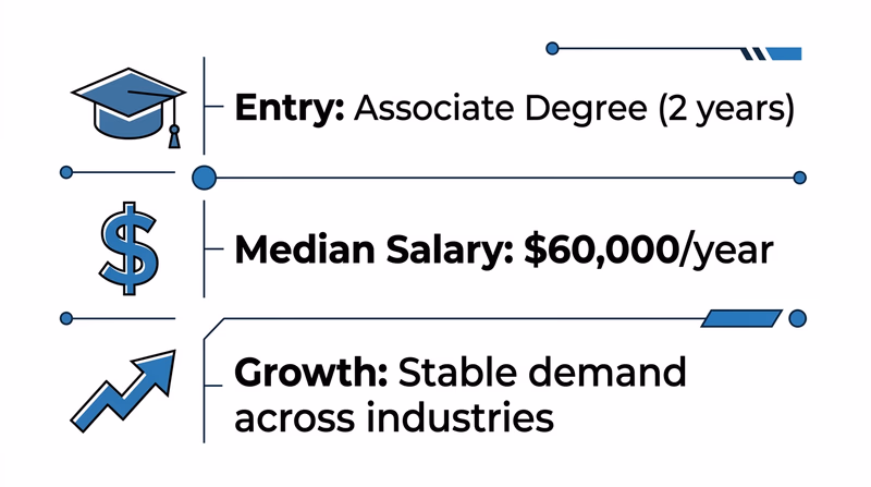 Infographic showing drafting career facts: entry with associate degree, median salary around $60,000, and stable demand across industries