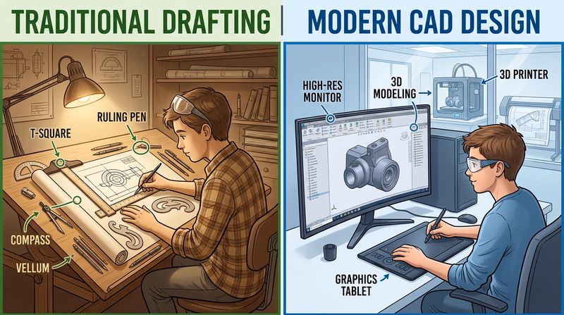 Split comparison showing a vintage drafting setup with wooden board, T-square, and vellum versus a modern CAD workstation with 3D model and 3D printer