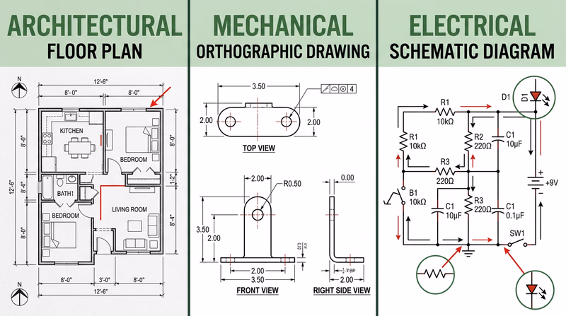 Three-panel comparison showing an architectural floor plan, a mechanical orthographic drawing, and an electrical schematic diagram