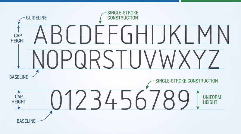 Sample of single-stroke vertical Gothic lettering showing the full alphabet in uppercase, numerals 0-9, and guidelines demonstrating proper letter height and spacing