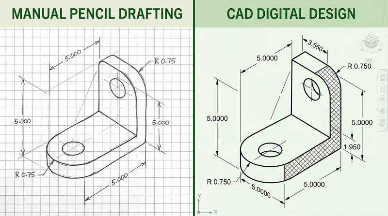 Split comparison showing the same simple mechanical bracket: hand-drawn pencil version on the left, clean CAD version on the right