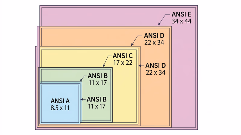 Diagram showing five standard ANSI drawing paper sizes nested inside each other from smallest (A) to largest (E)