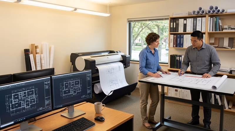 A modern engineering office with large monitors showing CAD drawings, a plotter printing a large-format drawing, and engineers collaborating at a workstation