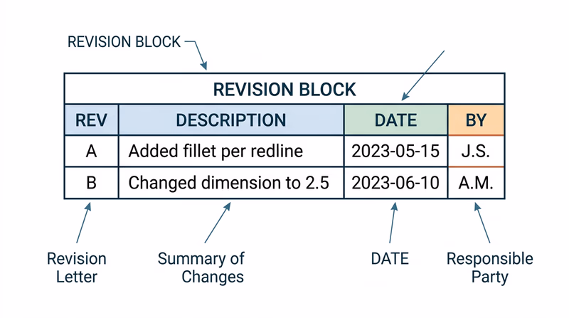 A close-up of a drawing revision block table showing columns for revision letter, description, date, and initials, with two sample entries filled in