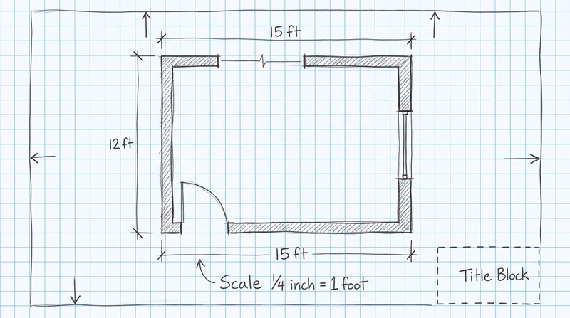 A hand-drawn rough sketch on graph paper showing a simple floor plan layout with annotations indicating border spacing, title block location, and scale notes