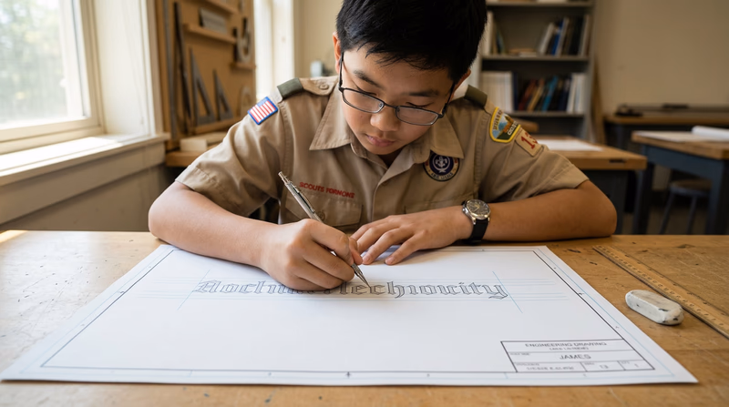 A Scout carefully hand-lettering Gothic text on a formatted drawing sheet at a desk, with guidelines visible and a mechanical pencil in hand