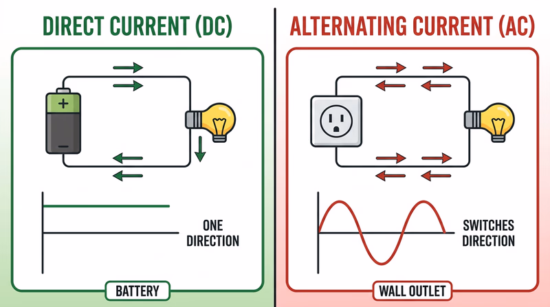 Side-by-side comparison of direct current flowing one direction and alternating current reversing direction over time