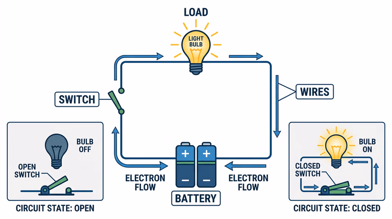 Simple battery, switch, and light circuit shown with the switch open and closed to illustrate when current flows