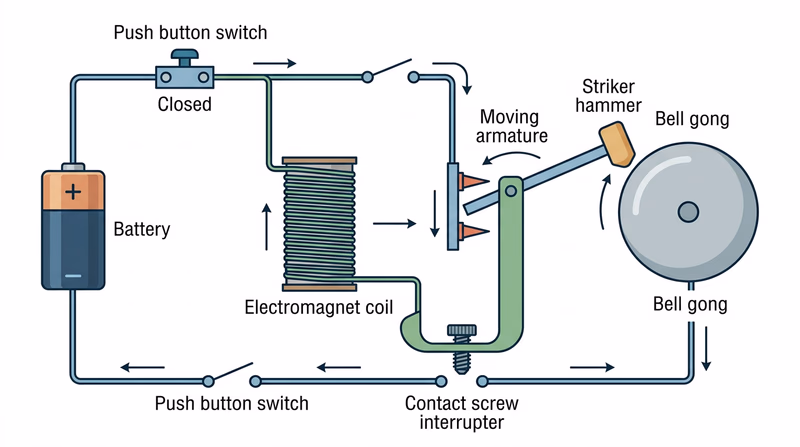 Labeled battery and electric bell circuit showing the coil, armature, striker, bell, and interrupter cycle