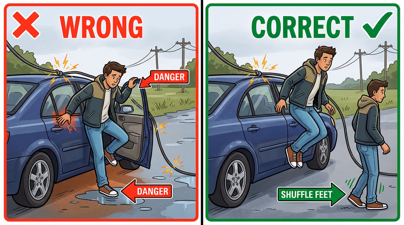 Correct versus incorrect way to exit a car with a downed utility wire, showing the jump-clear and shuffle-away method