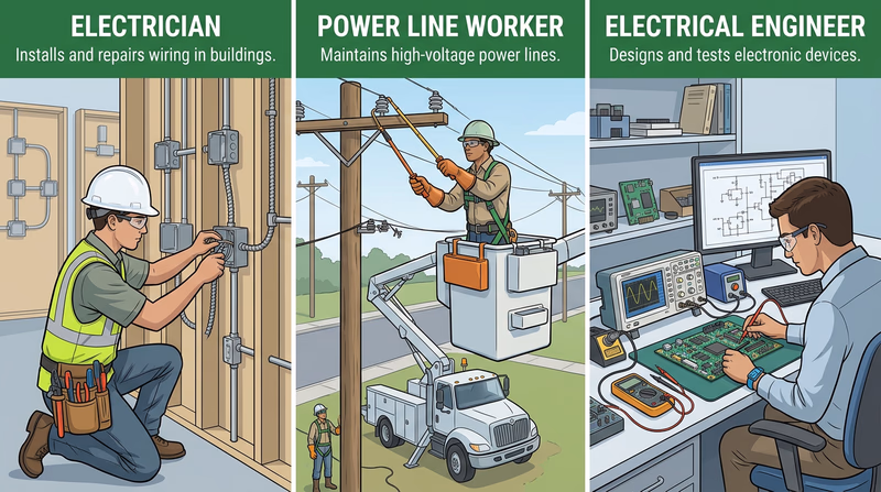 Side-by-side view of an electrician, a power line worker, and an electrical engineer or electronics technician in their work settings