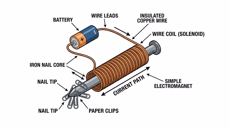 Simple electromagnet with a battery, coiled wire around an iron nail, and paper clips attracted to the tip
