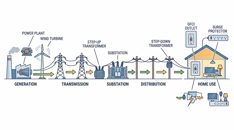 Diagram showing electricity flowing from generation through transmission, substations, transformers, distribution, and home protection devices