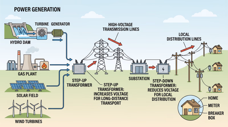 Power grid overview from generation sources through transmission and distribution to homes