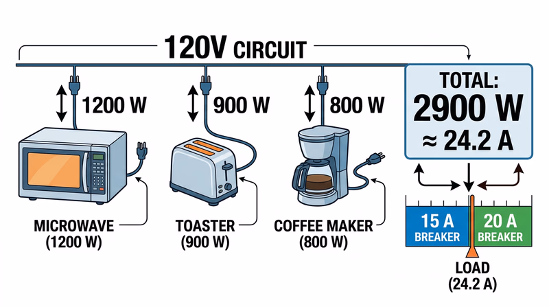Three kitchen appliances adding up to more current than a 15-amp or 20-amp branch circuit can safely carry