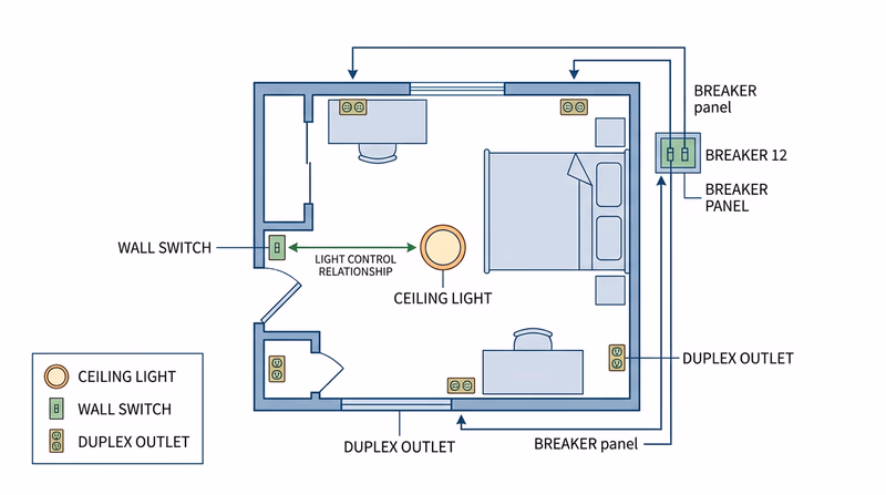 Top-down room wiring diagram showing outlets, switch, ceiling light, and the breaker protecting them