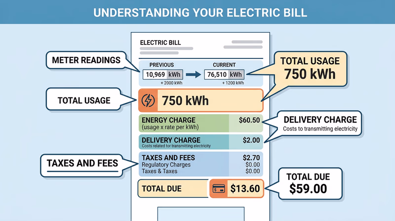 Mock electric bill with the usage line, energy charge, delivery charges, taxes, fees, and total due clearly highlighted