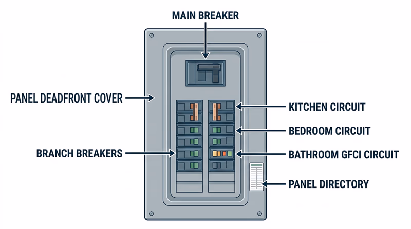 Residential breaker panel showing the main breaker and several labeled branch circuit breakers