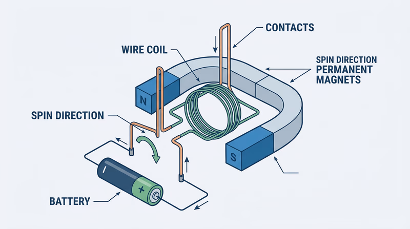 Simple electric motor layout with a battery, wire coil, support contacts, magnets, and the direction of spin