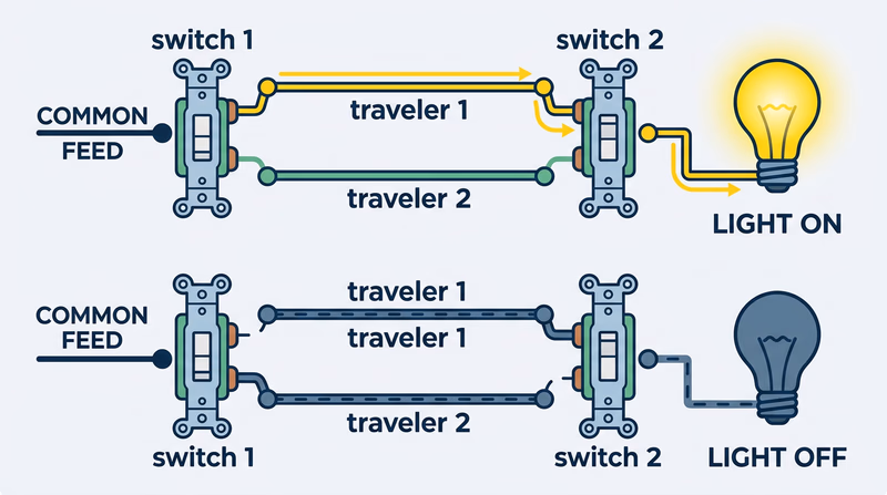 Two 3-way switches with traveler wires showing the light on when the path matches and off when the path is broken