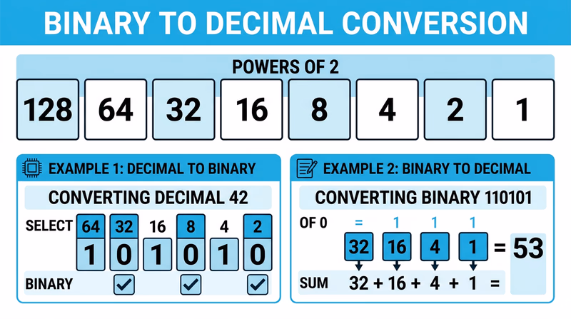 A visual reference card showing the powers of 2 from 1 to 128 with worked examples of decimal-to-binary and binary-to-decimal conversions