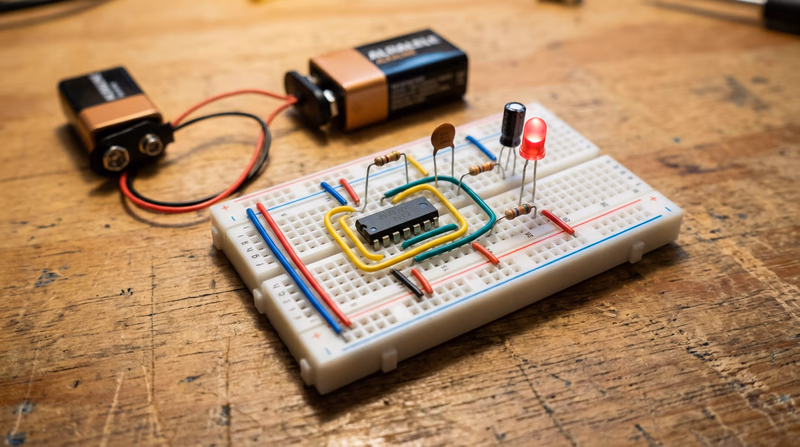 A breadboard circuit project with a 555 timer IC, LED, resistors, and capacitors wired up with colorful jumper wires