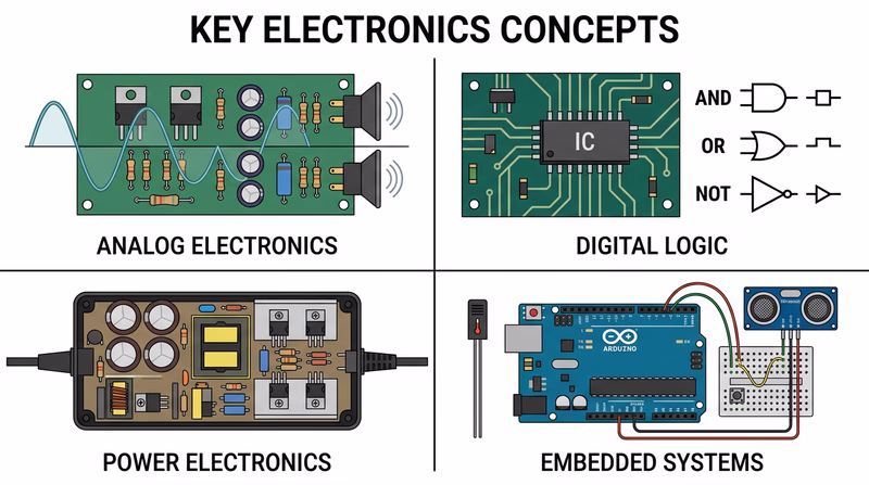 Four-panel grid showing analog electronics, digital electronics, power electronics, and embedded systems