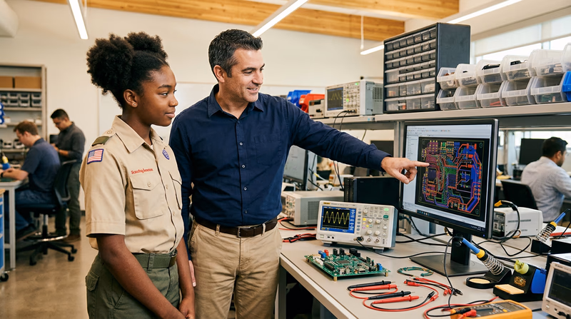 A teenager in a Scout uniform having a conversation with a professional electronics engineer at a workstation with circuit boards and test equipment