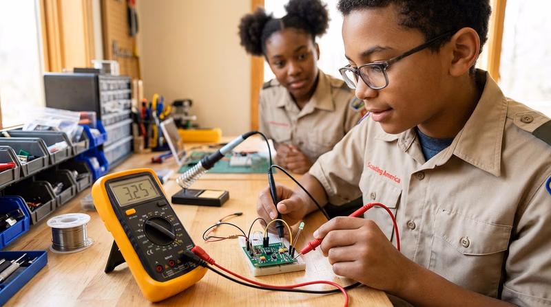 A digital multimeter with its display screen and test probes positioned next to a small circuit board