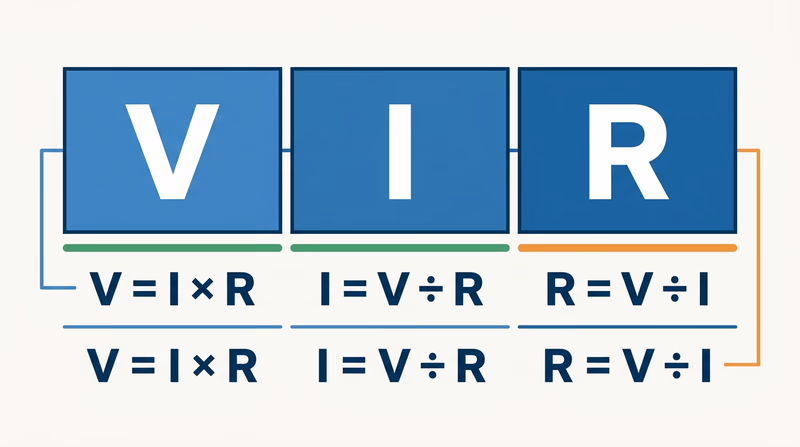Ohm's law reference showing V, I, and R in labeled boxes with the three formula variations displayed beneath