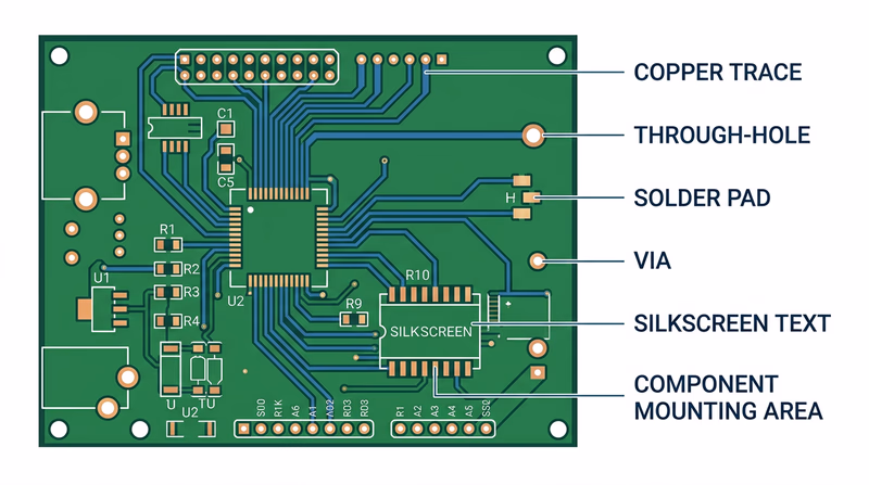 A printed circuit board with labeled parts including copper traces, through-holes, solder pads, vias, silkscreen labels, and component mounting areas