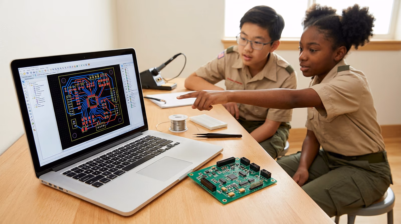 A computer screen showing PCB design software with a board layout alongside a finished manufactured green PCB with soldered components