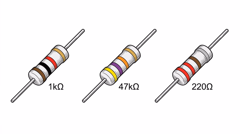 Three through-hole resistors shown side by side with colored bands clearly visible and their resistance values labeled