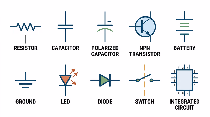 A clean reference sheet showing standard electronic schematic symbols for resistor, capacitor, transistor, integrated circuit, battery, ground, LED, diode, and switch