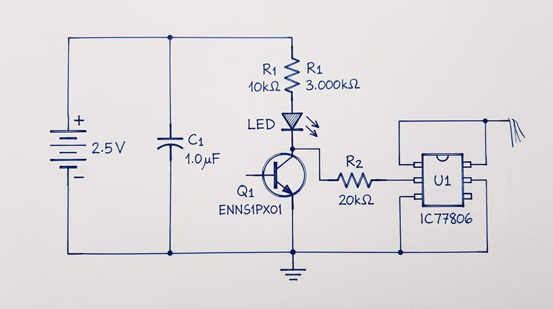 A hand-drawn style schematic diagram showing a simple circuit with labeled resistors, LED, transistor, capacitor, and integrated circuit