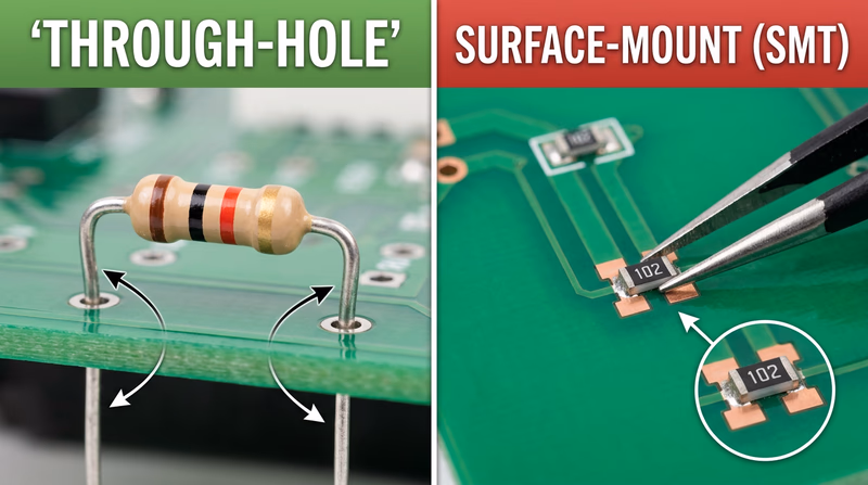 Side-by-side comparison showing a through-hole resistor next to a surface mount resistor on a circuit board, with the dramatic size difference clearly visible