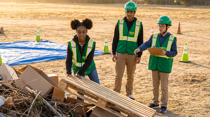 Teens in CERT gear practicing search and rescue techniques during a training exercise