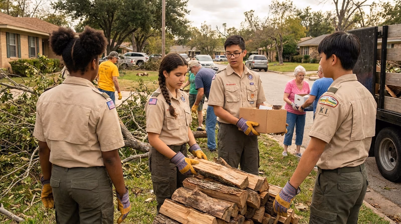 Volunteers helping clean up a neighborhood after a storm, working together to stack debris and help neighbors