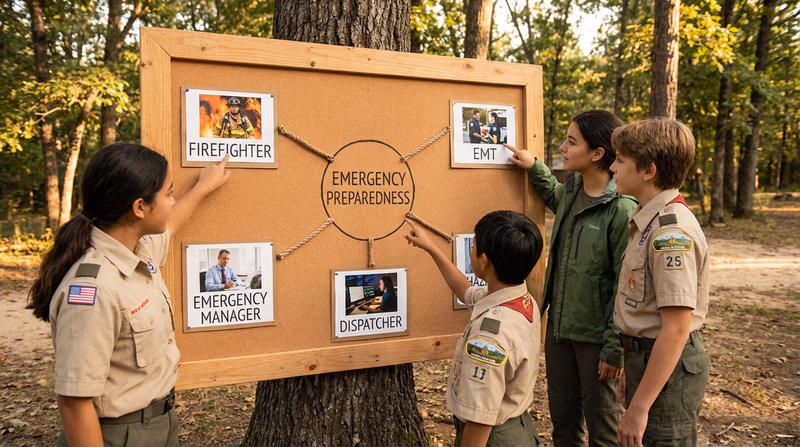 A career path infographic showing different emergency services careers branching from a central 'Emergency Preparedness' label
