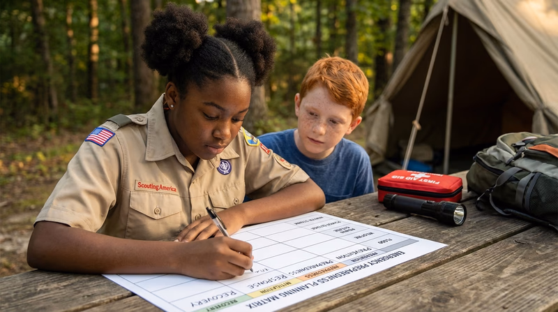 A Scout filling in a chart with emergency scenarios and the five aspects of emergency preparedness