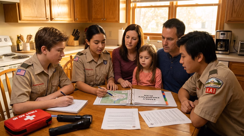 A family gathered around a kitchen table discussing emergency plans with papers and a map spread out