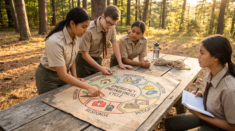 A diagram showing the five aspects of emergency preparedness in a cycle: Prevention, Protection, Mitigation, Response, Recovery