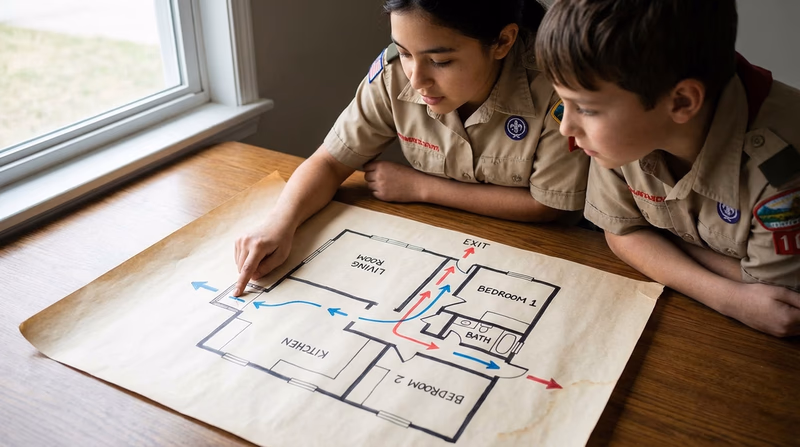 A simple hand-drawn floor plan of a home showing rooms, doors, windows, and marked escape routes