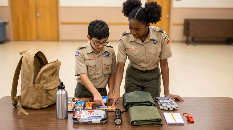 A personal emergency service pack laid out on a table showing all contents organized and labeled