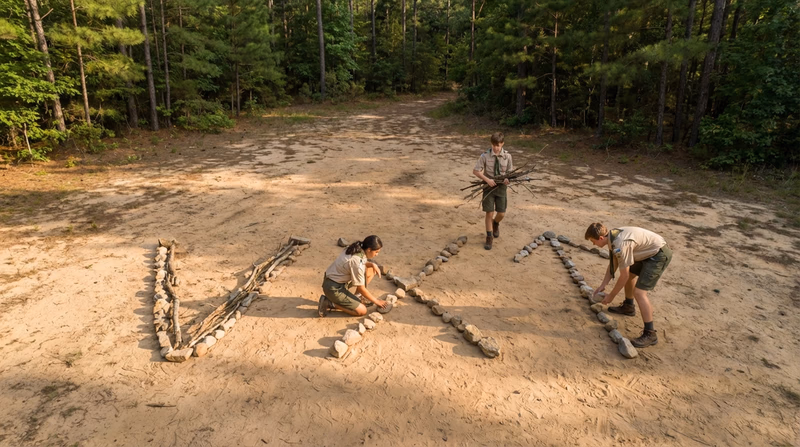 Overhead view of large ground-to-air signal symbols made from rocks on a sandy clearing